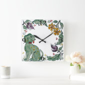 Rustic Teal Dog Puppy Floral Folk Style Tile Vierkante Klok (Huis)