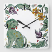 Rustic Teal Dog Puppy Floral Folk Style Tile Vierkante Klok (Voorkant)