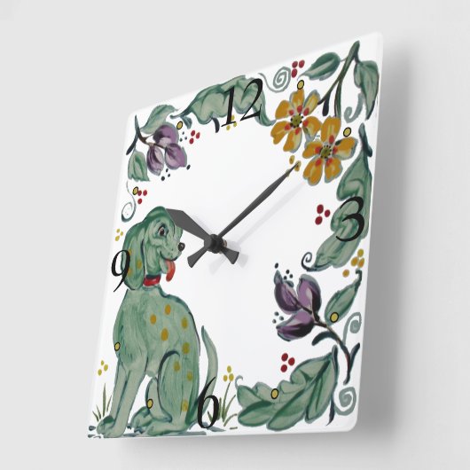 Rustic Teal Dog Puppy Floral Folk Style Tile Vierkante Klok (Hoek)