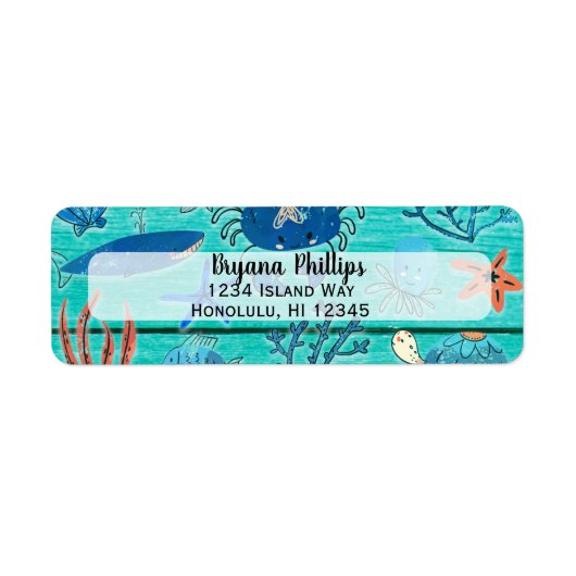 Rustic Teal Hout & Onder de Zee Vrienden Whimsical Etiket (Voorkant)