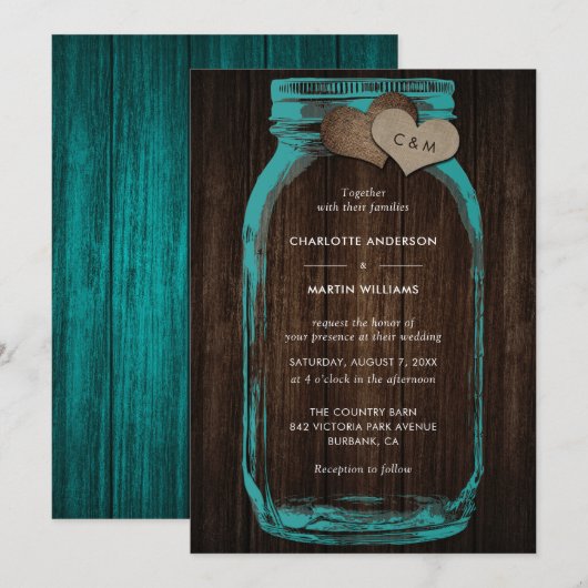 Rustic Teal Mason Jar Wood Hearts Monogram Wedding Kaart (Voorkant / Achterkant)