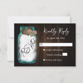 Rustic Teal Mason Jar Wood Wedding RSVP Kaartje