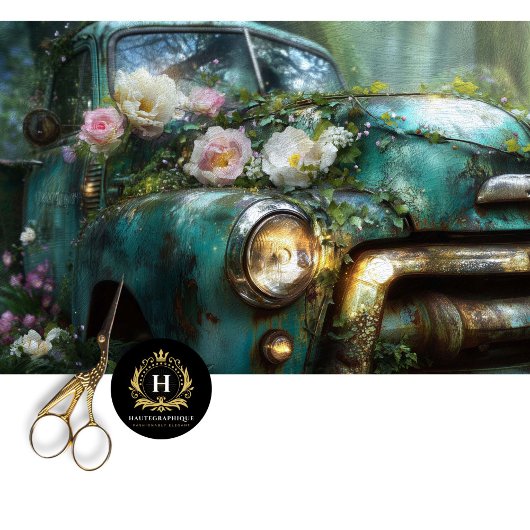 Rustic Teal Rose Truck Decoupage Tissuepapier