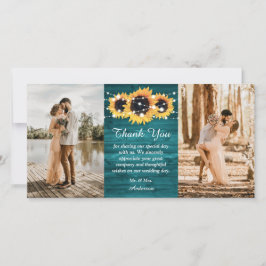 Rustic Teal Wood Burlap Heart Sunflower Foto Bedankkaart