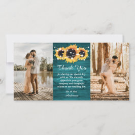Rustic Teal Wood Burlap Heart Sunflower Foto Bedankkaart