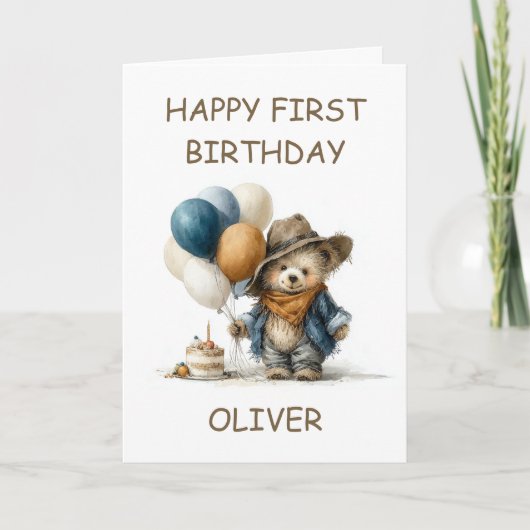 Rustic Teddy Bear 1st Birthday Kaart (Voorkant)