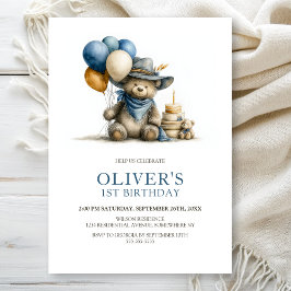 Rustic Teddy Bear 1st Birthday Party Invitation Kaart