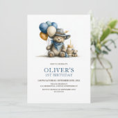 Rustic Teddy Bear 1st Birthday Party Invitation Kaart (Staand voorkant)