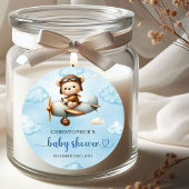 Rustic Teddy Bear Aviator Blue Brown Boy Baby Show Ronde Sticker