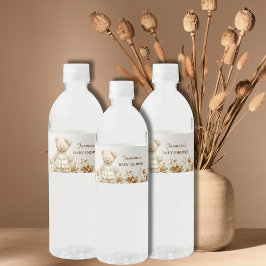 Rustic Teddy Bear Floral Baby shower Waterfles Etiket
