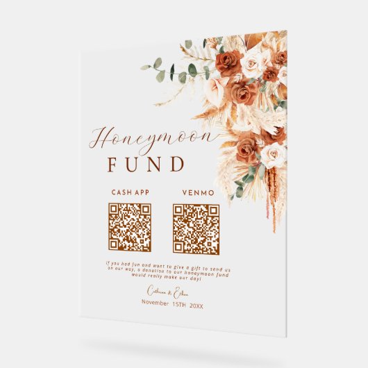 Rustic Terracotta Bloemen Honeymoon Fund QR Code Acryl Bord (Hoek)