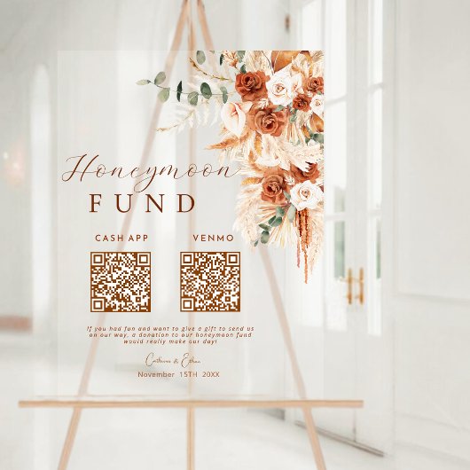 Rustic Terracotta Bloemen Honeymoon Fund QR Code Acryl Bord