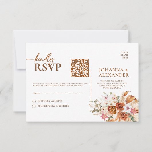Rustic Terracotta & Blush Floral QR Code RSVP Card Kaartje (Voorkant)