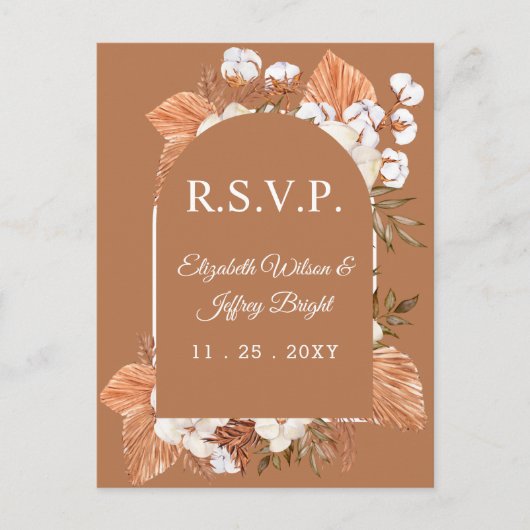 Rustic Terracotta Boho Pampas Arched RSVP Uitnodiging Briefkaart (Voorkant)
