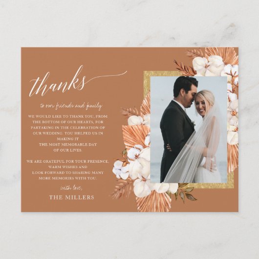 Rustic Terracotta Boho Pampas Foto bedankt Briefkaart (Voorkant)