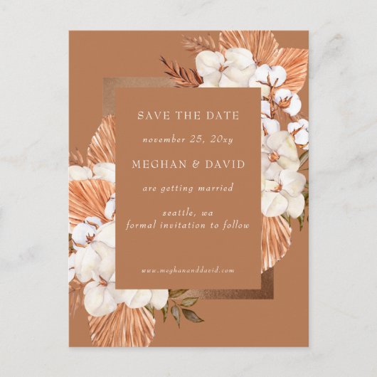 Rustic Terracotta Boho Pampas Orchids Wedding Aankondigingskaart (Voorkant)