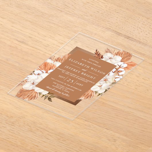 Rustic Terracotta Boho Pampas Orchids Wedding Acryl Uitnodigingen (Laagn)