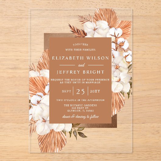 Rustic Terracotta Boho Pampas Orchids Wedding Acryl Uitnodigingen (Voorkant)