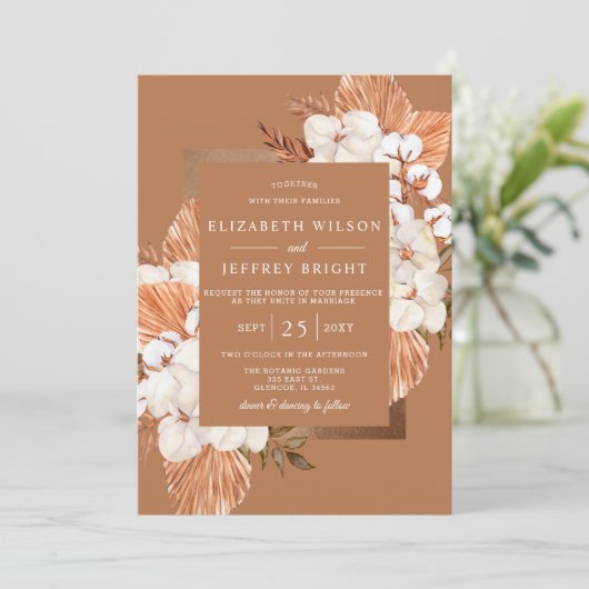 Rustic Terracotta Boho Pampas Orchids Wedding Kaart (Staand voorkant)