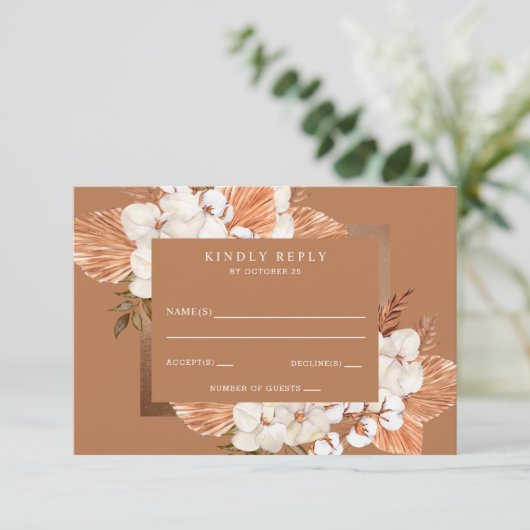 Rustic Terracotta Boho Pampas Orchids Wedding RSVP Kaartje (Staand voorkant)
