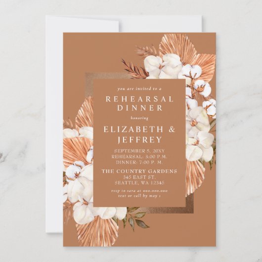 Rustic Terracotta Boho Pampas Rehearsal Dinner Kaart (Voorkant)