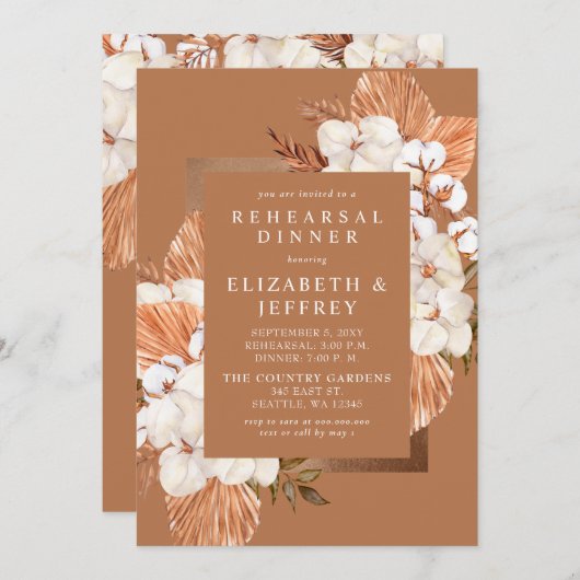 Rustic Terracotta Boho Pampas Rehearsal Dinner Kaart (Voorkant / Achterkant)