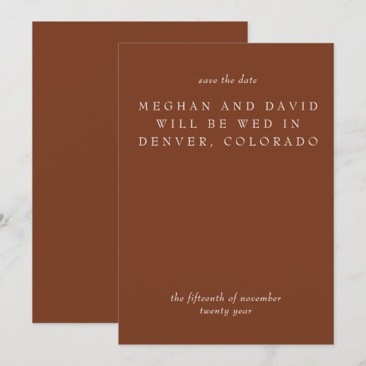 Rustic Terracotta Burnt Oranje Modern Save The Date (Voorkant / Achterkant)