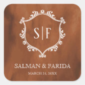Rustic Terracotta Crest Monogram Weddenschap Vierkante Sticker (Voorkant)