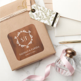 Rustic Terracotta Crest Monogram Weddenschap Vierkante Sticker