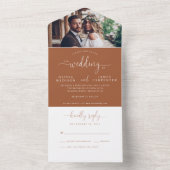 Rustic Terracotta Elegant Script Photo Wedding All In One Uitnodiging (Binnen)