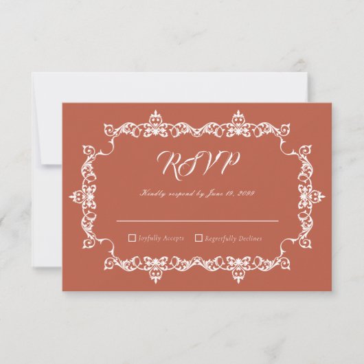 Rustic Terracotta Ember Ornately Framed Wedding RSVP Kaartje (Voorkant)