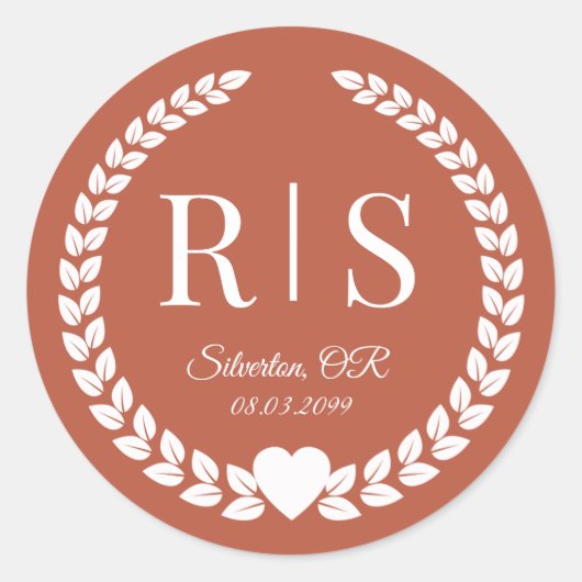 Rustic Terracotta Ember Wedding Monogram Initials Ronde Sticker (Voorkant)