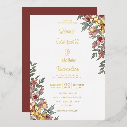 Rustic Terracotta Floral Real Gold Wedding Folie i Folie Uitnodiging (Voorkant / Achterkant)