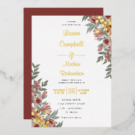 Rustic Terracotta Floral Real Gold Wedding Folie Uitnodiging
