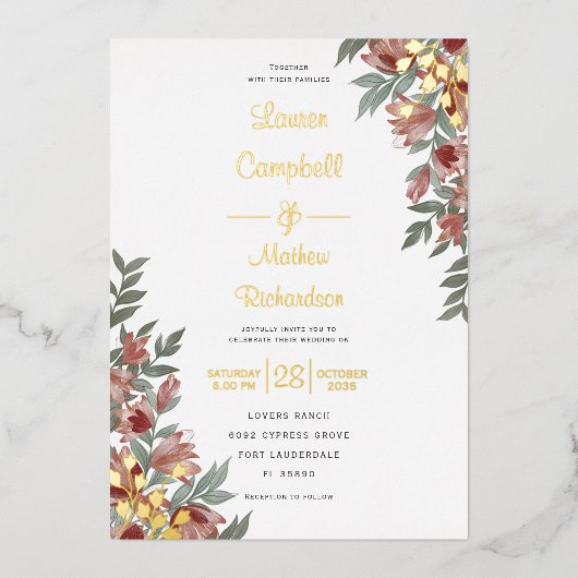 Rustic Terracotta Floral Real Gold Wedding Folie Uitnodiging (Voorkant)