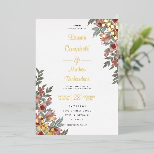 Rustic Terracotta Floral Real Gold Wedding Folie Uitnodiging (Staand Voorkant)