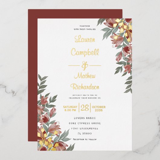 Rustic Terracotta Floral Real Gold Wedding Folie Uitnodiging (Voorkant / Achterkant)