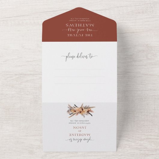 Rustic Terracotta Floral Waterverf Wedding All In One Uitnodiging (Buitenkant)