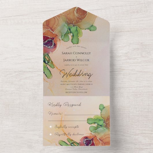 Rustic Terracotta Floral Wedding All In One Uitnodiging (Binnen)