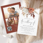 Rustic Terracotta Florals 3 Foto's QR Code Weddens Kaart<br><div class="desc">Rustic Terracotta Florals 3 Foto's QR Code Wedding. Boombessen en bessen in herfstkleuren, terracotta brown en crème, stroomafwaarts van de bovenkant. De bruiloft van is in een geplaatst handschrijvend stijlmanuscript. Pas de rest van de tekst eenvoudig aan uw eigen details aan. Vervang de drie afbeeldingen op de rug met uw...</div>