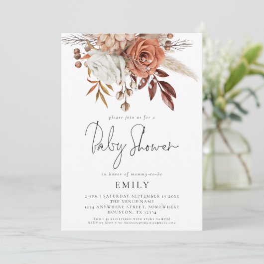 Rustic Terracotta Florals Baby shower Kaart (Staand voorkant)