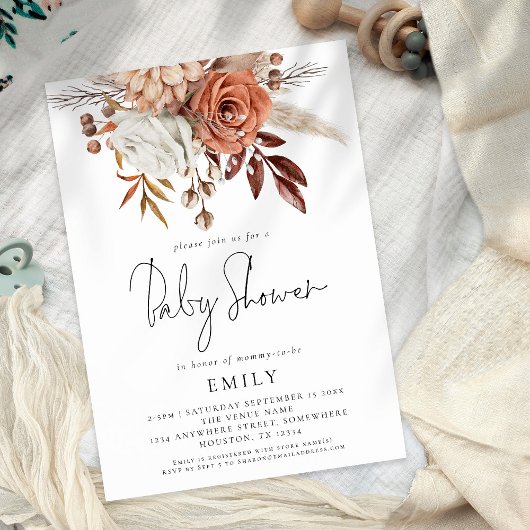 Rustic Terracotta Florals Baby shower Kaart