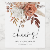 Rustic Terracotta Florals Cheers Names Wedding Wijn Etiket (Enkel label)