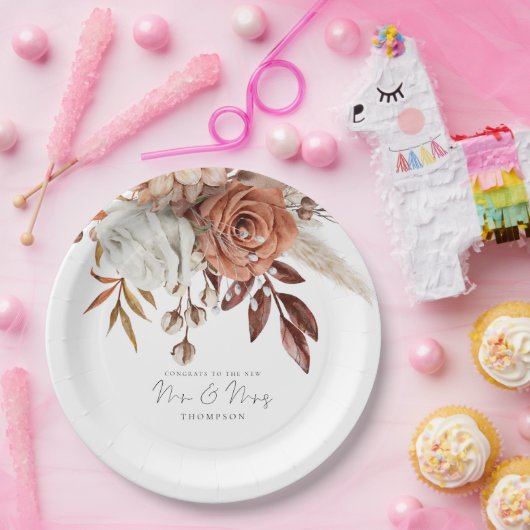 Rustic Terracotta Florals feliciteert de heer Mrs Papieren Bordje (Feest)