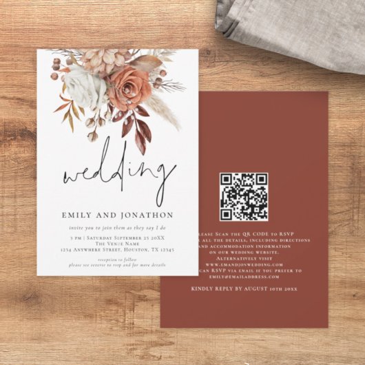 Rustic Terracotta Florals Informal Script Wedding Kaart
