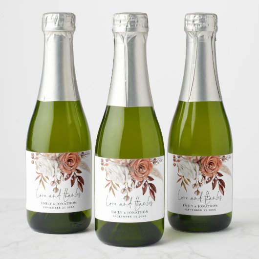 Rustic Terracotta Florals Love Bedankt Name Weddin Sparkling Wijnetiket (Flessen)