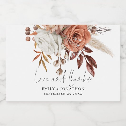 Rustic Terracotta Florals Love Bedankt Name Weddin Sparkling Wijnetiket (Enkel label)