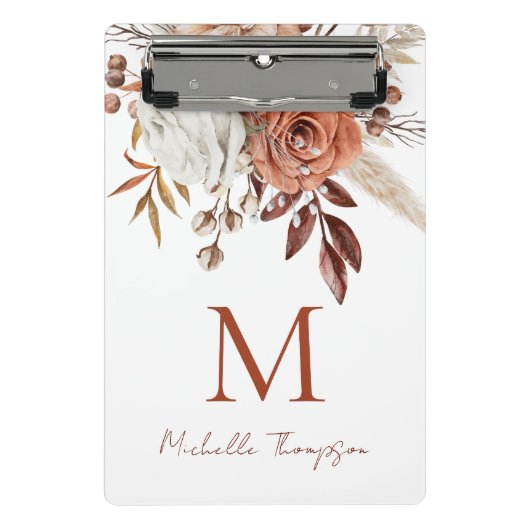 Rustic Terracotta Florals Monogram Initiaal Naam Mini Klembord (Voorkant)