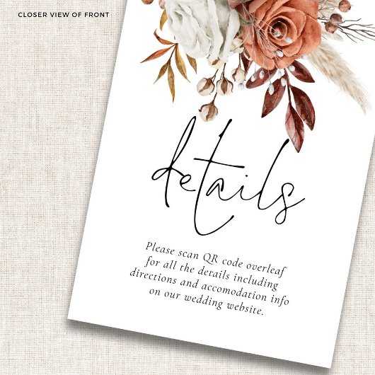 Rustic Terracotta Florals QR Code Wedding Details Informatiekaartje