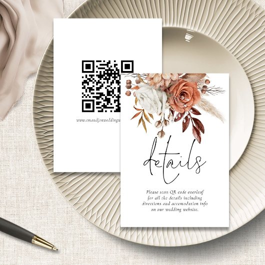 Rustic Terracotta Florals QR Code Wedding Details Informatiekaartje